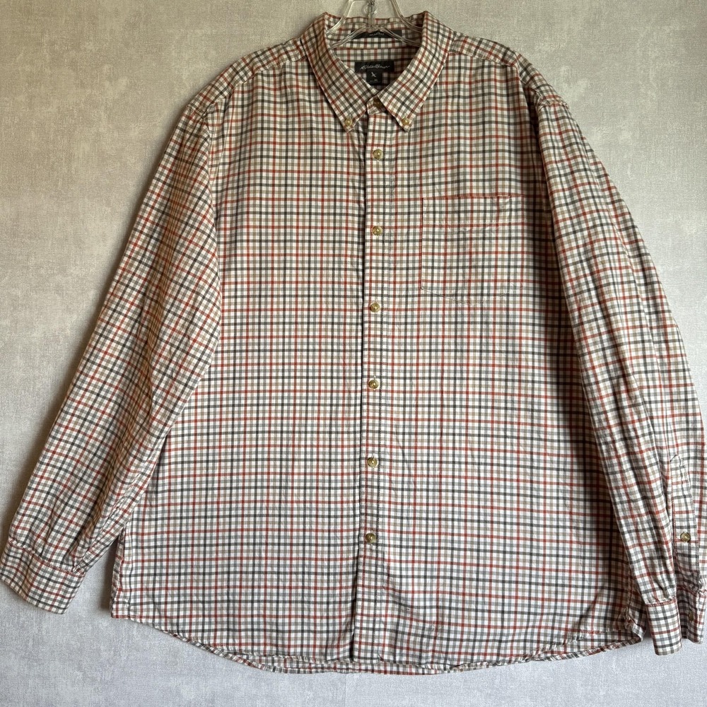 Eddie Bauer Shirt Mens XL‎ Brown Orange Plaid Button Down Relaxed Fit Cotton